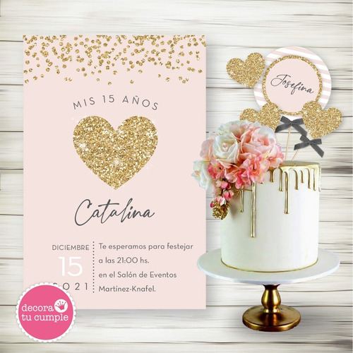 Kit Imprimible Corazon Glitter Minimalista Cumpleaños Rosa