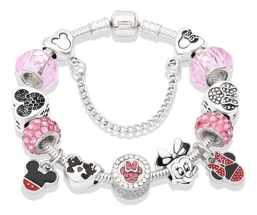 Pulsera De Mickey Y Minnie Mouse Varios Dijes En Color Rosa