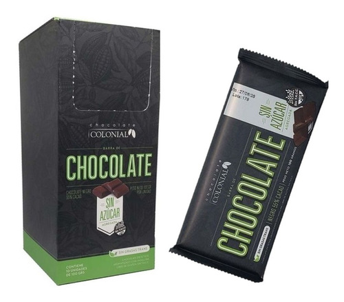 Chocolate Colonial 55% Cacao Sin Azucar X10un La Golosineria