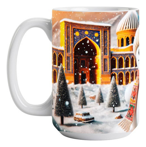 Taza Grande Mono De Nieve Con Gorro Y Bufanda En Mini Ciudad