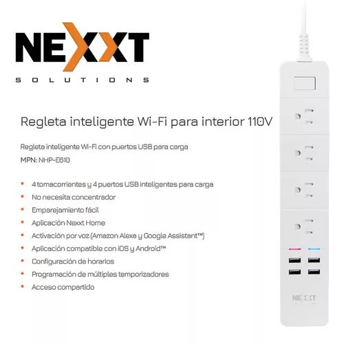 Regleta Inteligente Wifi Nexxt, Google Alexa / 4 Tomas 4 Usb