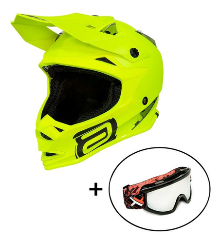 Capacete Asw Fusion Solid Amarelo-flúor + Óculos Mx Preto