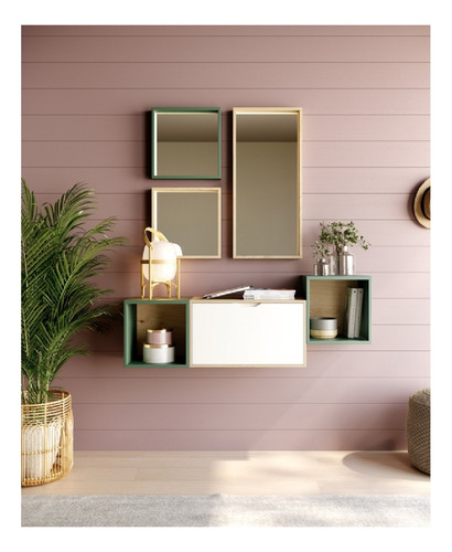 Consola De Pared Sofia Blanco/verde 1 Puerta +2cubos +espejo