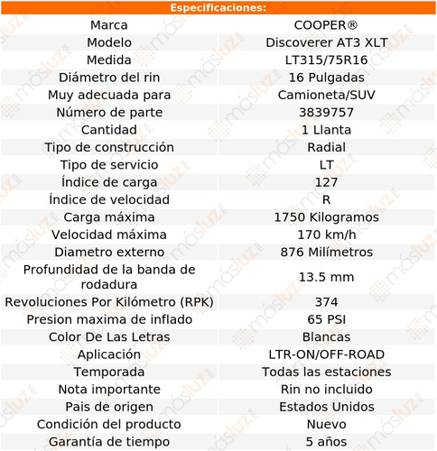 1 Llanta Discoverer At3 Xlt Cooper Lt315/75r16 127r