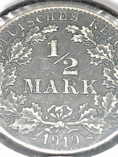 Moneda 1/2 Marco Imperio Alemán Año 1919-f D Plata Ley 0.900 (Usado)