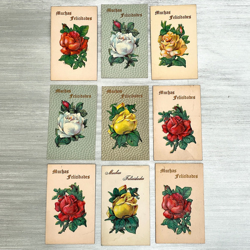 Antiguo Lote De Tarjetas Felicitaciones Con Flores En Cromo (Usado)