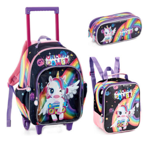 Bolsa Mochila Escolar Kit Estojo Lancheircarrinho Unicornio 