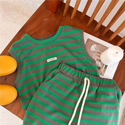 Traje Tipo Camiseta De Punto A Rayas Simples Para Niños Y Ni