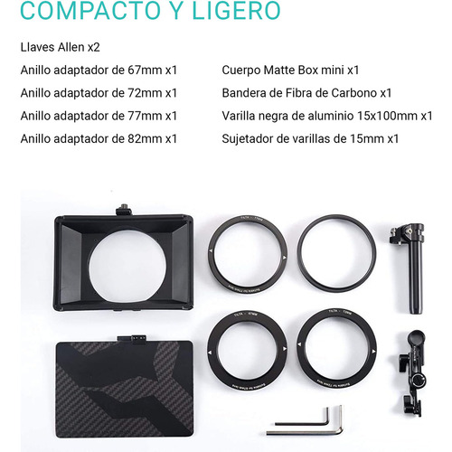 Caja mate Tilta Mini de 82 mm con 4 adaptadores de lentes ligero con soporte de filtros y doble montaje de zapata para camaras mirrorless y DSLR MB-T15