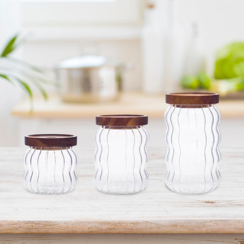 3 Tarros De Cristal Con Tapas De Madera, Botes De Cocina