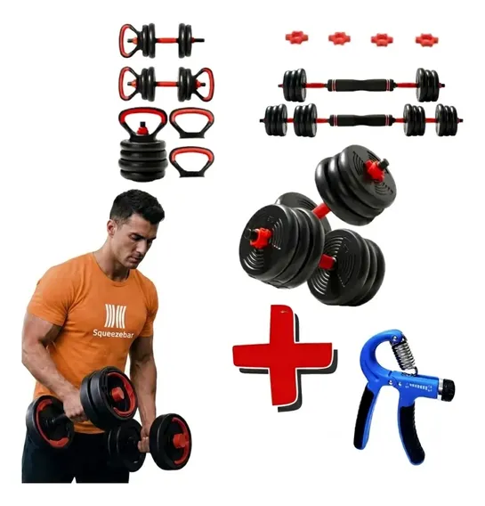 Kit halter Musculação 15kg 6 Em 1 Peso Halteres Ajustável Halter, Kettle, anilhas e barras + brinde