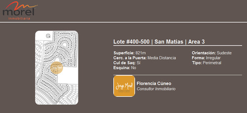 Lote Venta Barrio San Matías - Area 3 - 821m2 #id 12963