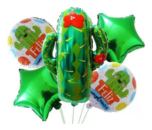 Bouquet 5globos Cactus Fiesta Mexicana 65cm+4metalizados45cm