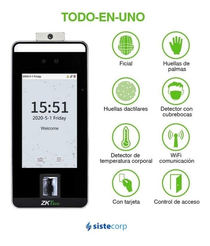 Control Acceso Temperatura Barbijo Zkteco Speedface V5l-td