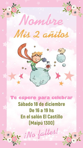 Invitación Tarjeta Digital Personalizada El Principito Rosa