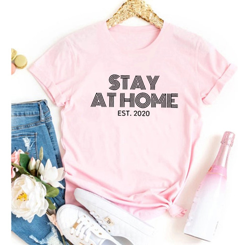 Camiseta Rosa, Algodón, Suave Y Fresca Stay At Home