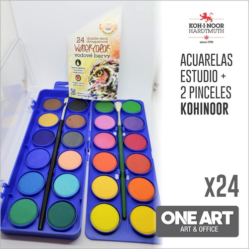 Acuarelas Kohinoor Pastillas 30mm X 24 Colores + 2 Pinceles