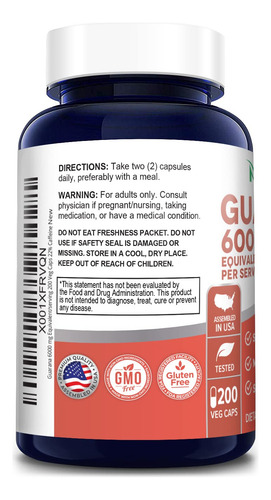 Suplemento Extrato De Guaraná Nusapure 6000mg 200 Cápsulas