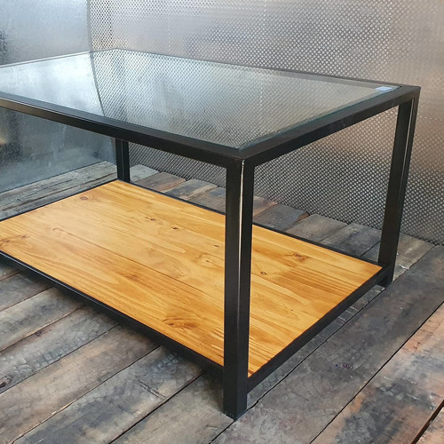 Imagen 6 de 7 de Mesa Ratona Arrime Industrial Hierro Madera + Cristal 10mm