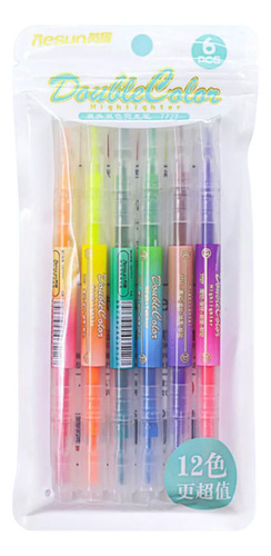 Set X6 Resaltadores Doble Punta 12 Colores En Total Kawaii