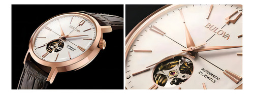 Relógio Bulova Masculino Automático 97a136 Cor da correia Marrom Cor do bisel Ouro rose Cor do fundo Branco