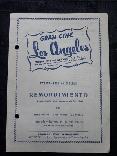 Programa De Cine Los Ángeles 1955 Publicidad Plan Quinquenal (Usado)