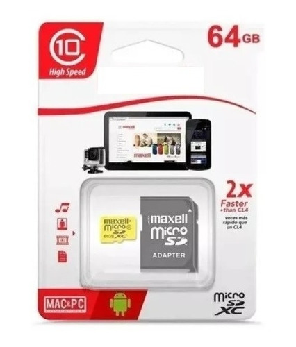 Memoria Micro Sd 64 Gb Maxell Clase 10 Incluye Adaptador Sd