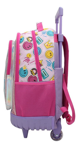 Mochila Carro Muaa Emojis 18 PuLG Escolar Niña Infantil Color Rosa Diseño De La Tela Estampada