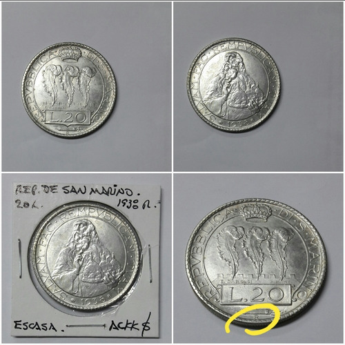 Moneda Republica De San Marino 1938 R. 20 L. Plata. (Usado)