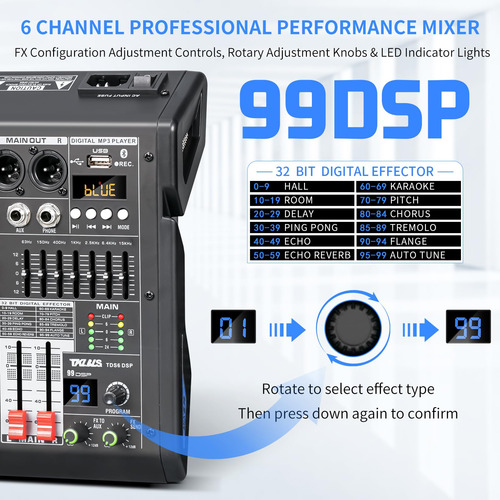 Mixer De Áudio Tklbls Professional Dj De 6 Canais Com 99 Dsp