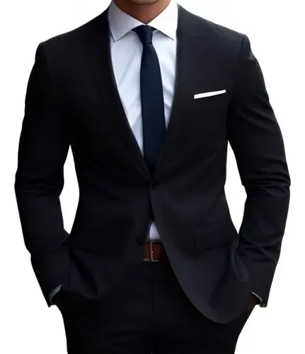 Terno masculino preto com gravata azul e camisa branca