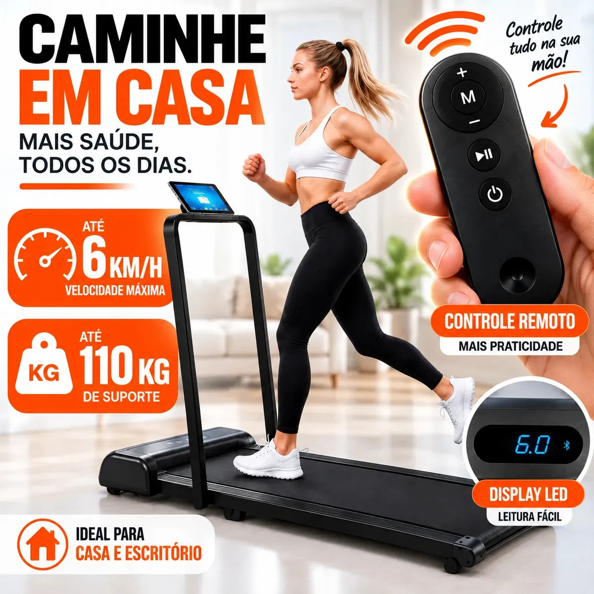 Esteira Elétrica Ergométrica Dobrável Residencial Caminhada 8km/h 110kg
