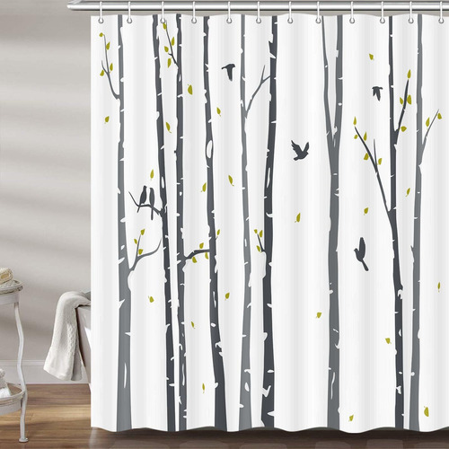 Cortina Ducha Arbol Gris Para Cuarto Baño Diseño Pajaro Tela