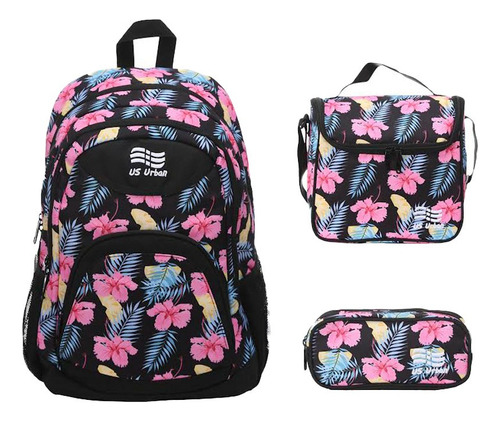 Set Mochila Escolar Lonchera Y Lapicera Diseño Flores Negro Diseño de la tela Estampado