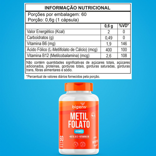 2x Metilfolato 400mcg Com B12 + B6 | Formas Ativas, 120 Cáps | Bigens