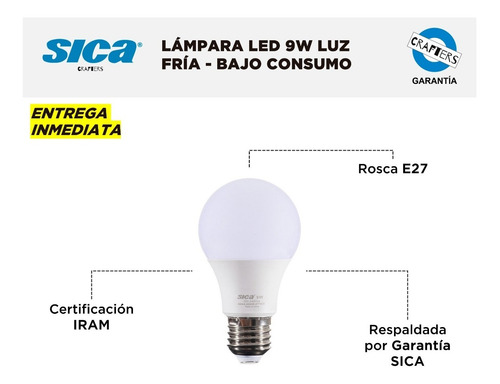 Imagen 2 de 5 de Lámpara Led Sica 9w - Clásica - Luz Fría - Bajo Consumo