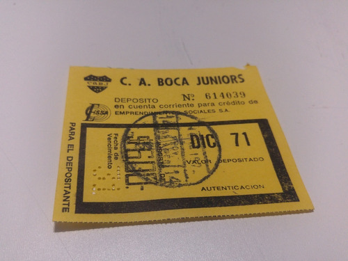 Recibo C A Boca Juniors Ciudad Deportiva Diciembre 1971 