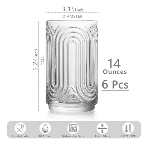 Juego De 6 Vasos Vintage Insetlan - 14 Oz, Estilo Art Deco,