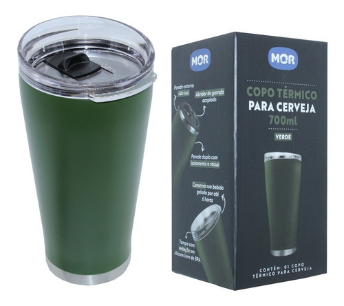 Copo Termico Cerveja Gelada C/ Tampa E Abridor 700ml Mor Cor Verde