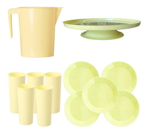 Kit 5 Pastel Jarra + Bandeja + Platos + Vasos Plástico