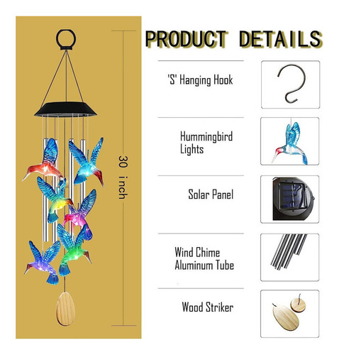 Campanilla De Viento Solar Led Colibr Para Decoración De Jar