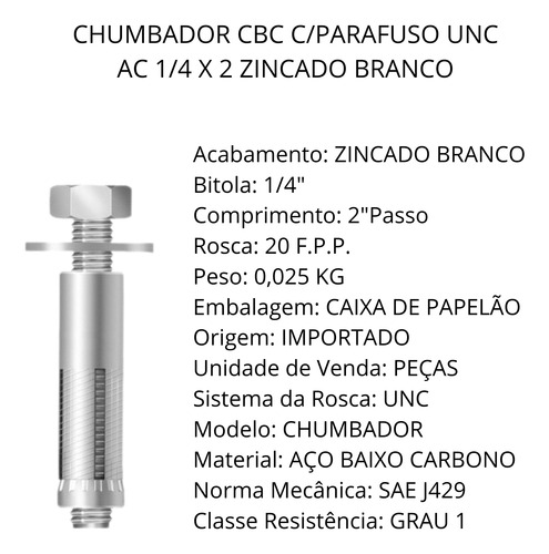 Parafuso Chumbador Mecânico Parabolt 10mm 1/4x2 Pol Com 10un