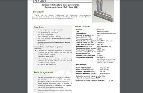 Imagen 2 de 6 de Sellador De Poliuretano Pu-40 Cartucho 290ml (blanco)