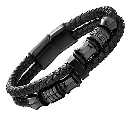 Mens Doble Fila Negro Trenzado Cuero Pulsera Brazalete Pulse