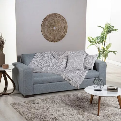 Xale Decorativo Para Sofá Com Franjas 5 Peças Kit Grécia Cor Cáqui Estampado