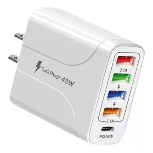 Taco Cargador De Pared 5 Puertos Usb / Type C Carga Rapida 