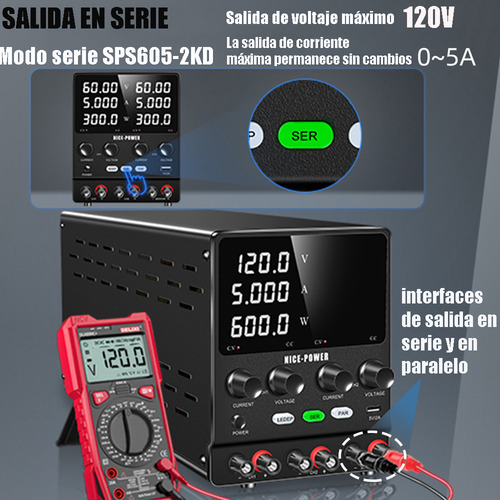Nice-Power SPS605-2KD 4 En 1 Doble Canal Fuente De Alimentación Regulable 60v 5a One-touch series-parallel connection
