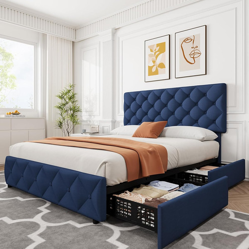 Base De Cama Matrimonial Idealhouse Tapizada En Lino Azul