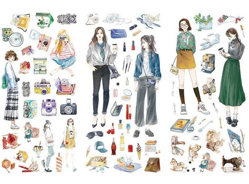 3 Planillas Washi Stickers Girls Moda Korea Viaje Scrapbook