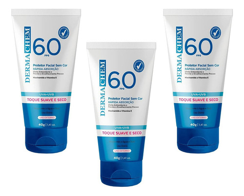 Kit 3 Protetor Solar Facial Fps 60 Uva+uvb Dermachem 40g